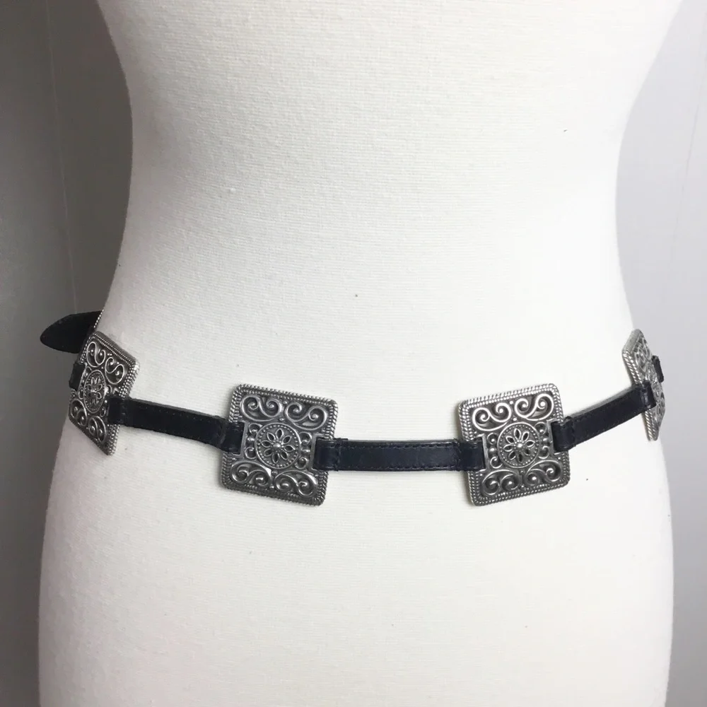 Vintage Brighton Black Leather & Silver Belt Size M/L 32